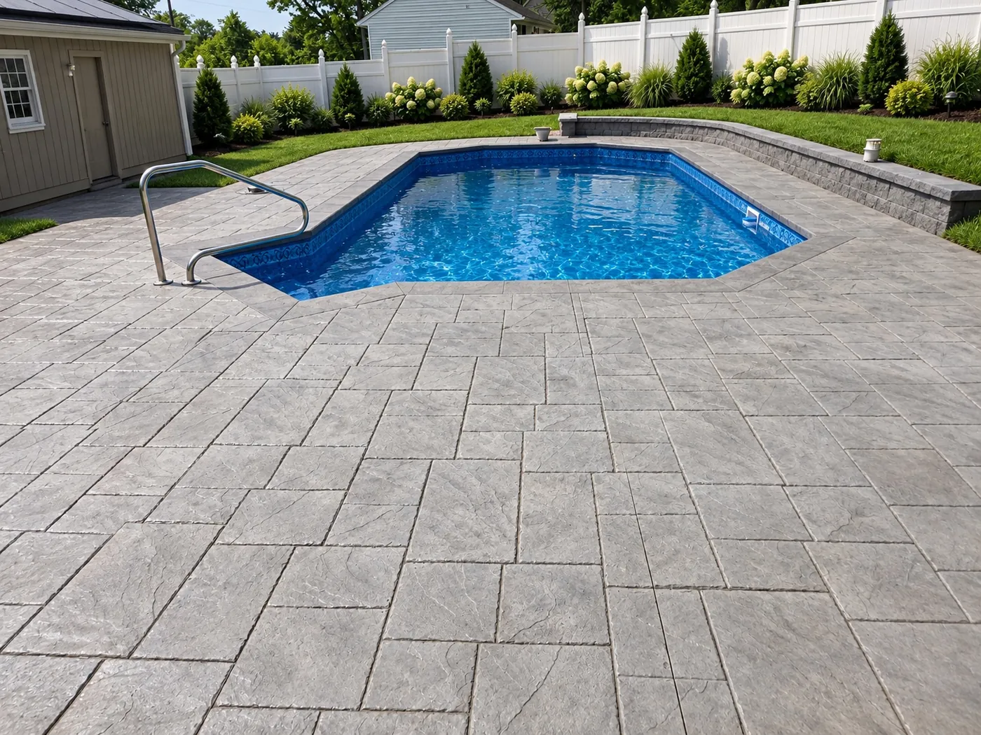 Stamped stone pattern pool deck with a handrail and block wall around a pool